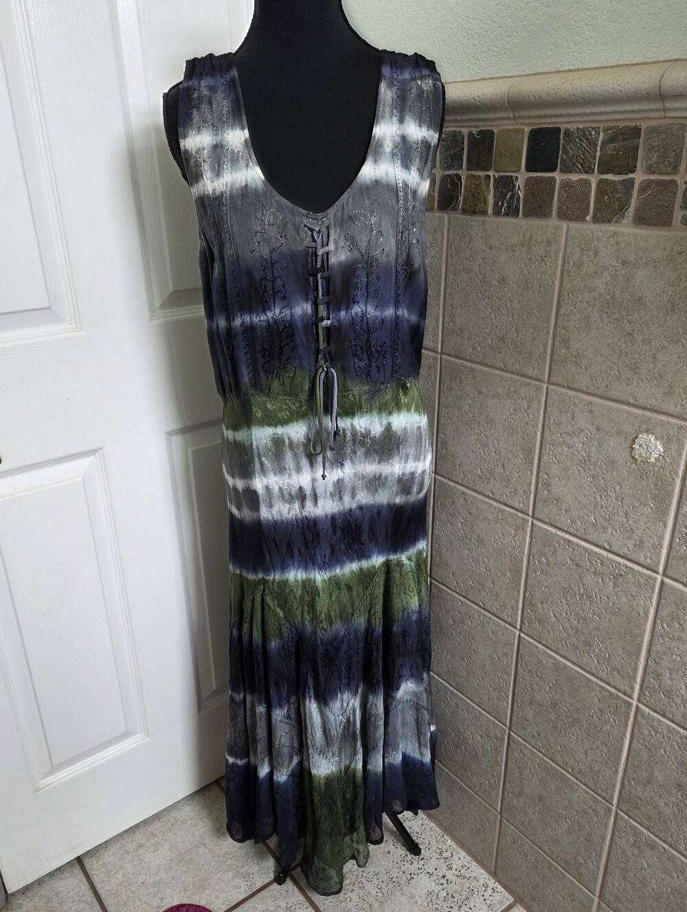 Multicoloured tie-dye embroidered Corset Front maxi dress Size XL fairycore boho